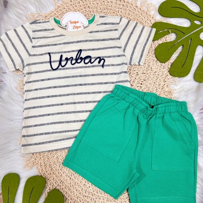 Conj. Camiseta Urban Listrada e Bermuda - Verde e Creme